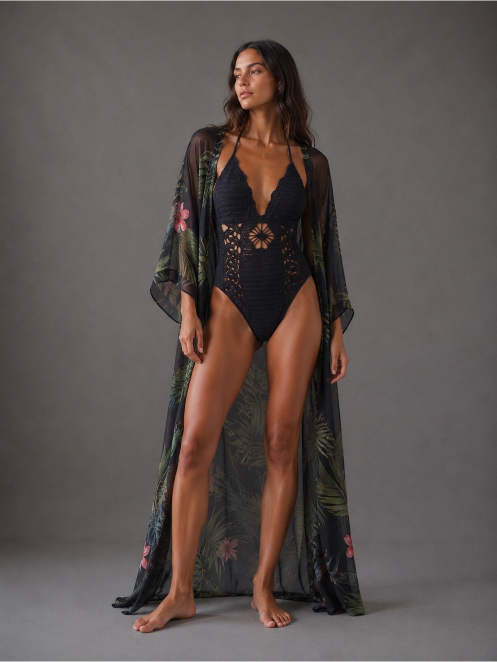Beauty and the Beach Black Crochet One-Piece Swimsuit Medium NWT